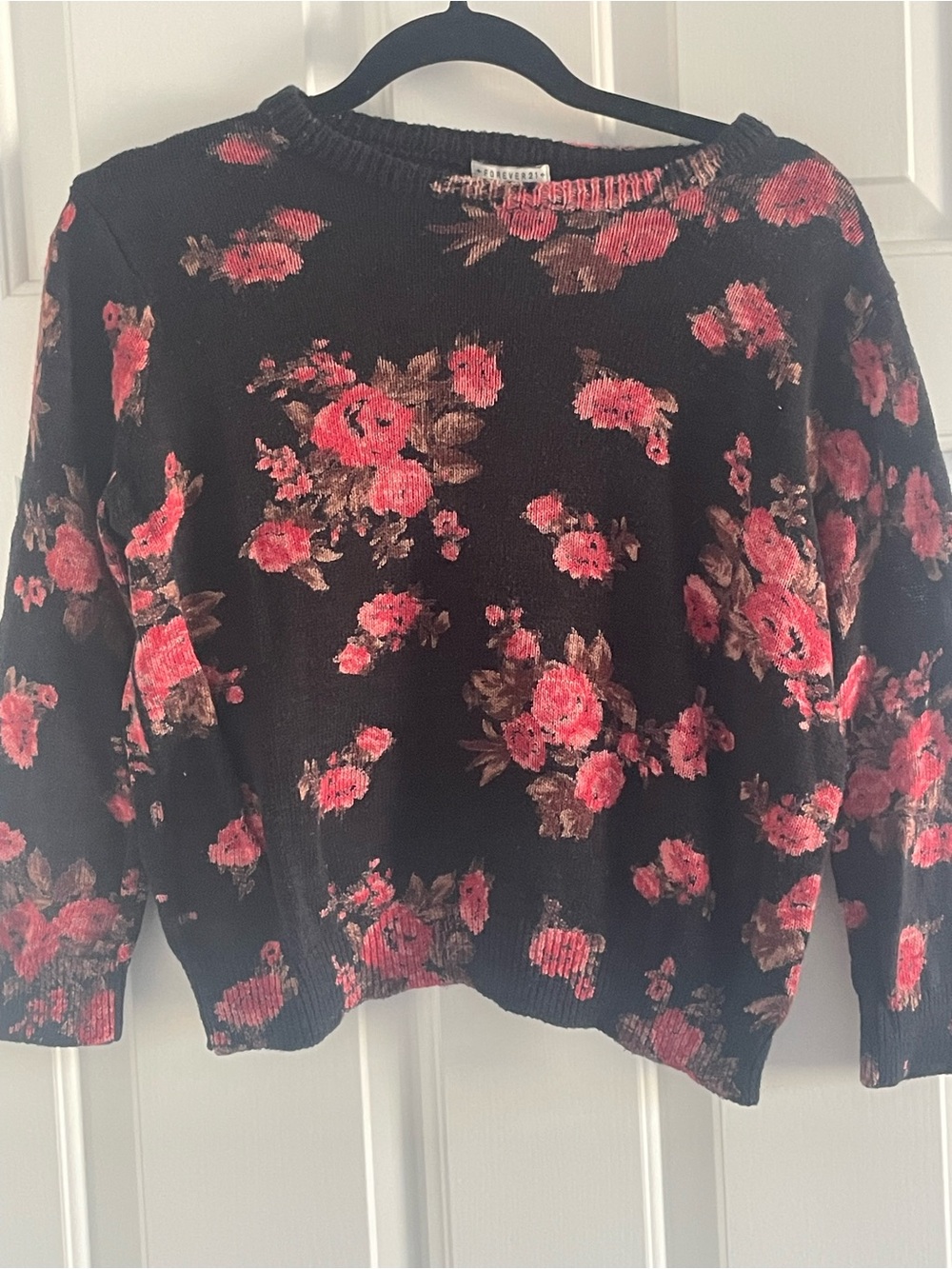 Forever 21 Black Crewneck Sweater with Pink Floral Print
